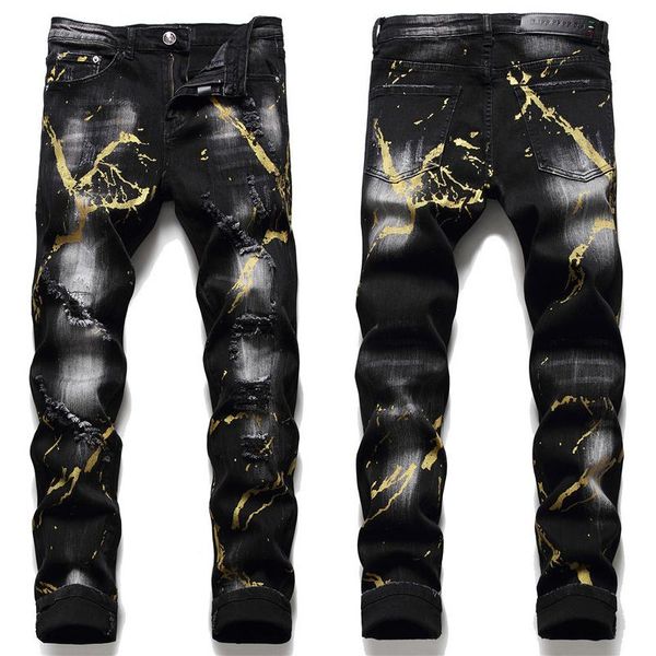 men's jeans mens light paint prints elastic slimming black scratched ripped denim pants jeans., Blue
men's jeans mens light paint prints elastic slimming black scratched ripped denim pants jeans., Blue