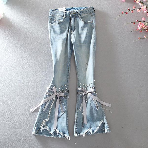 spring high waist jeans women ripped cropped women's irregular beaded bow flared denim pants ladies y45, Blue
spring high waist jeans women ripped cropped women's irregular beaded bow flared denim pants ladies y45, Blue