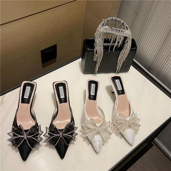 slippers lace bowknot slides women designer rhinestone mules shoes pointed toe luxury high heel, Black
slippers lace bowknot slides women designer rhinestone mules shoes pointed toe luxury high heel, Black