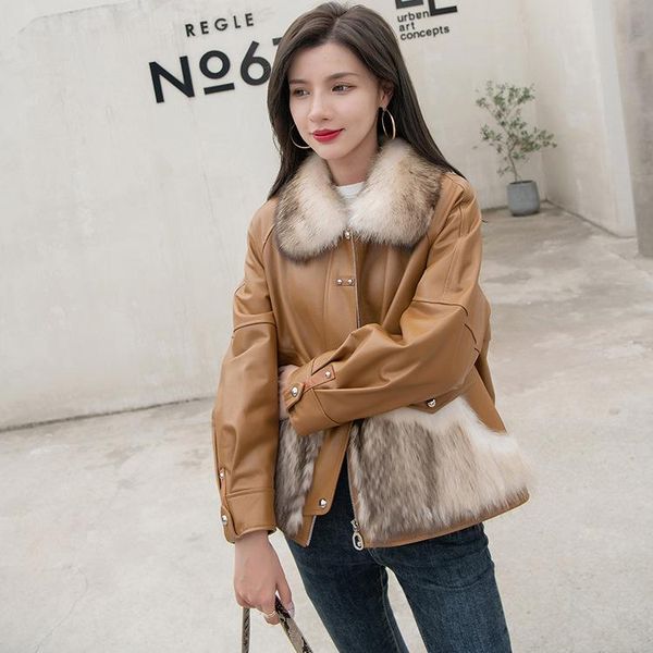 women's leather & faux 2021 fur grass coat atmospheric thickening haining winter splicing, Black
women's leather & faux 2021 fur grass coat atmospheric thickening haining winter splicing, Black
