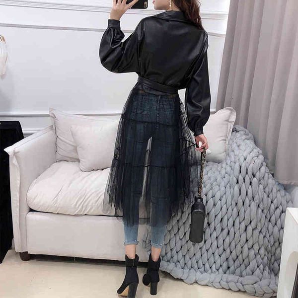 lanmrem autumn new jackets women fashion solid color long mesh gauze stitching pu leather coat with belt female pb279 201015, Black;brown
lanmrem autumn new jackets women fashion solid color long mesh gauze stitching pu leather coat with belt female pb279 201015, Black;brown
