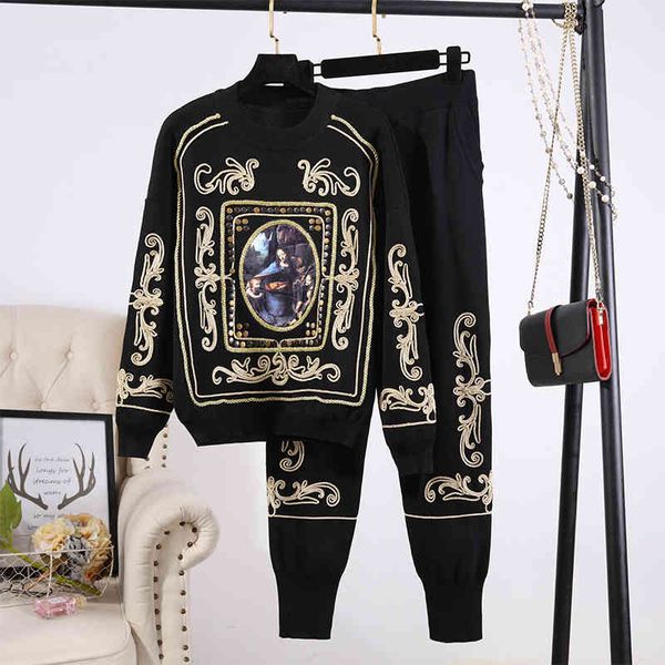 women's two piece pants autumn tracksuit women painting embroidery fashion long sleeve pullover + knitted haroun set ladies g, White
women's two piece pants autumn tracksuit women painting embroidery fashion long sleeve pullover + knitted haroun set ladies g, White