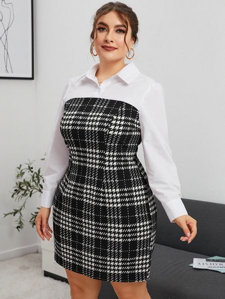 plus plaid 2 in 1 bodycon dress v1ci#, Black 
plus plaid 2 in 1 bodycon dress v1ci#, Black