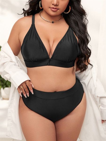 plus solid bikini swimsuit d7le#, Black