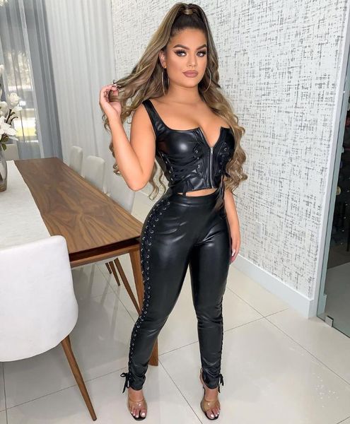 women's tracksuits faux leather eyelet bandage pu crop and high waist skinny pencil pants set women two piece suits, Gray
women's tracksuits faux leather eyelet bandage pu crop and high waist skinny pencil pants set women two piece suits, Gray