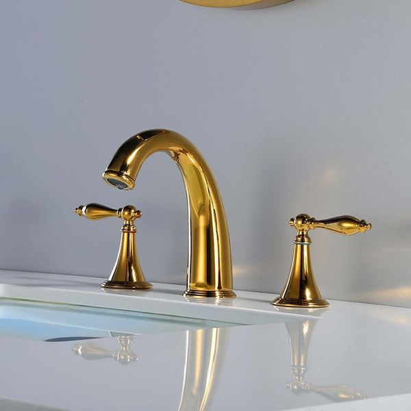 gold brass bathroom sink faucet luxury golden three holes two handle basin mixer cold water faucets
gold brass bathroom sink faucet luxury golden three holes two handle basin mixer cold water faucets