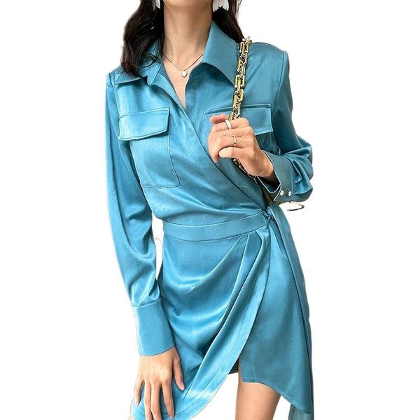 women's wool & blends luxury satin work clothes wind pocket long shirt dress women, Black