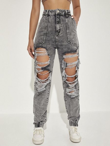ladder distressed high waist jogger jeans x3me#, Blue 
ladder distressed high waist jogger jeans x3me#, Blue