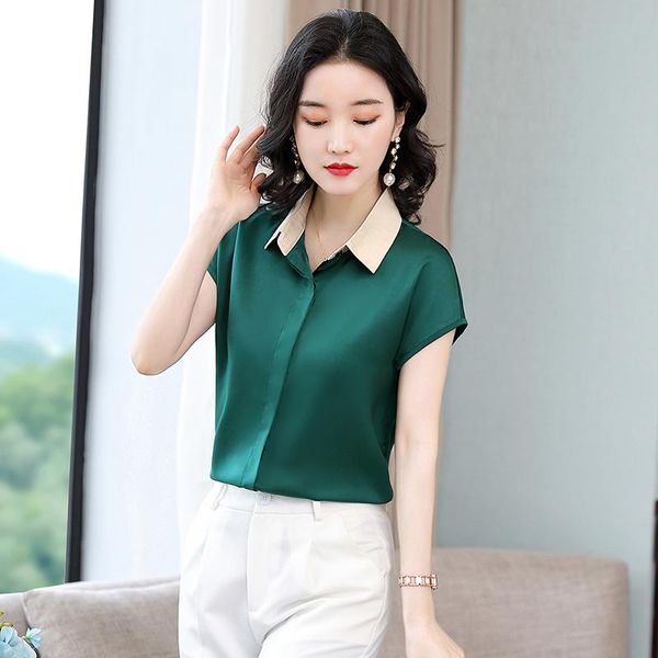 women's blouses & shirts summer loose korean short-sleeved collar stitching fashion casual silk blusas, White
women's blouses & shirts summer loose korean short-sleeved collar stitching fashion casual silk blusas, White