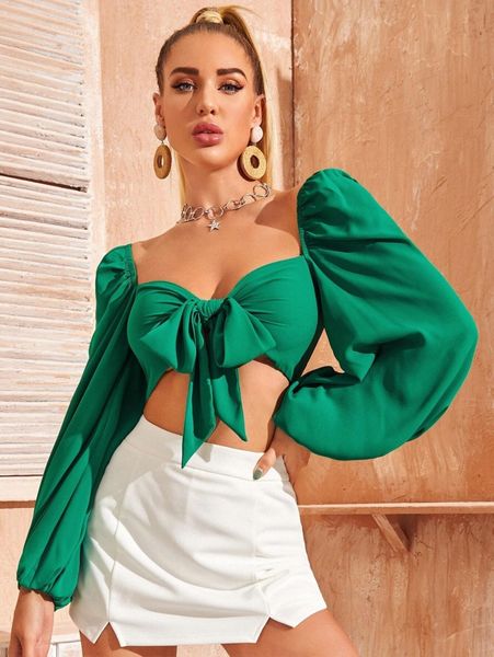 tie front lantern sleeve crop milkmaid 83qq#, White