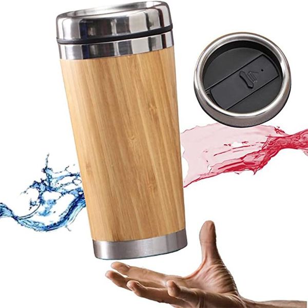 

water bottles 450ml bamboo vacuum cup tumblers stainless steel inner bottle car travel mugs reuseable for coffee cups drinkware