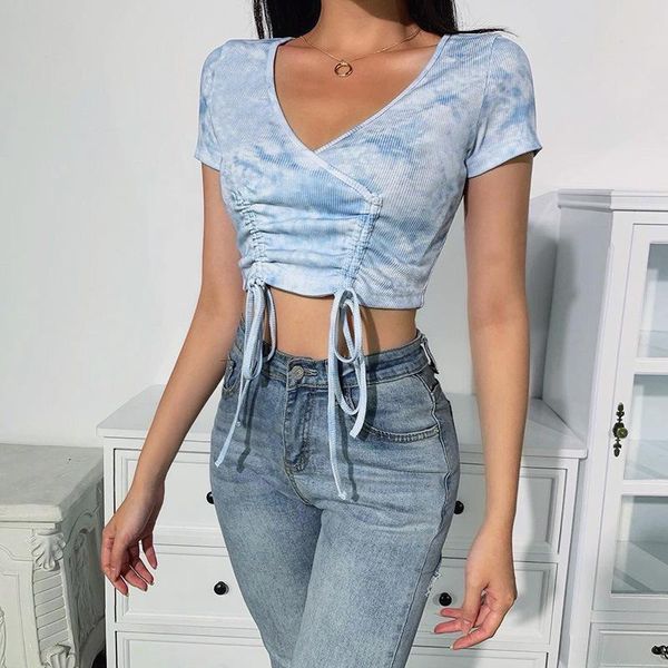 women's t-shirt tie-dye print skinny crop ribbed knitted slim side drawstring summer streetwear female v-neck casual tee, White
women's t-shirt tie-dye print skinny crop ribbed knitted slim side drawstring summer streetwear female v-neck casual tee, White