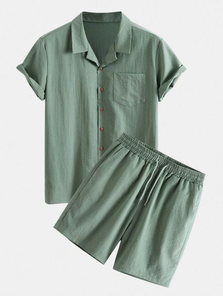 men pocket patched shirt & drawstring waist shorts v6zl#, Gray