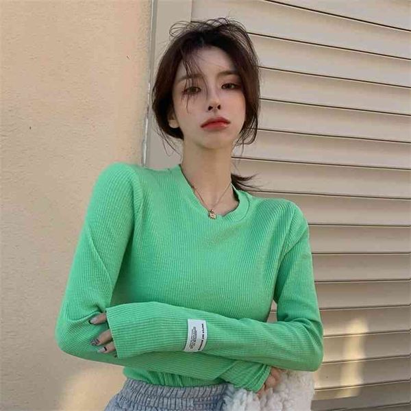 spring and summer style long-sleeved wild pullover round neck inner base shirt t-shirt knit sweater white women 210529
spring and summer style long-sleeved wild pullover round neck inner base shirt t-shirt knit sweater white women 210529
