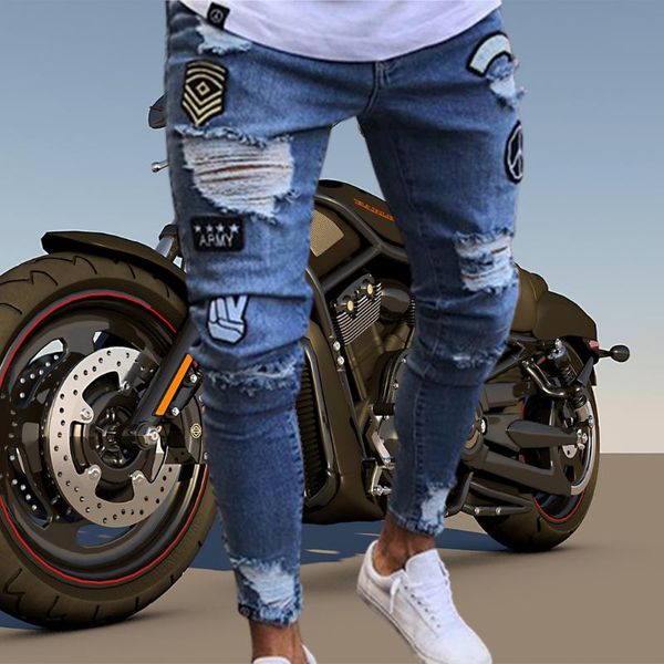 men jeans ripped skinny locomotive embroidery badge straight slim denim trousers men's, Blue
men jeans ripped skinny locomotive embroidery badge straight slim denim trousers men's, Blue
