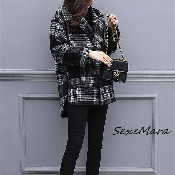 women's wool & blends korean style fashion pockets plaid women coats winter single button cashmere 53pq, Black
women's wool & blends korean style fashion pockets plaid women coats winter single button cashmere 53pq, Black