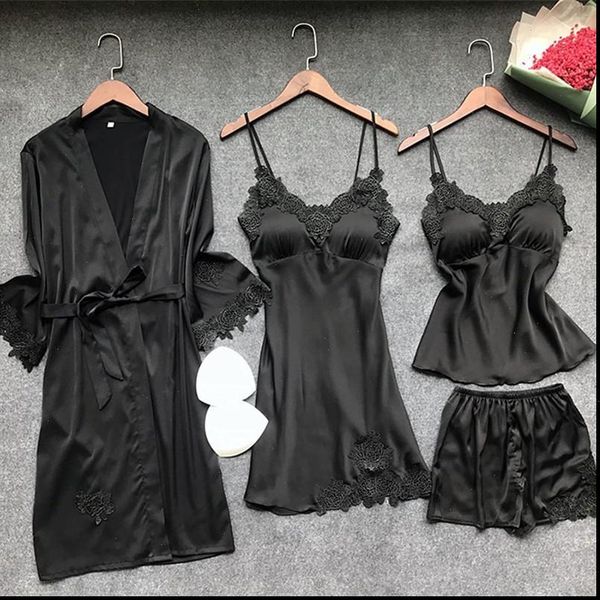 4 pcs lace pajamas women sleepwear sets spaghetti strap with chest pad night shorts belt cardigan set, Black;red
4 pcs lace pajamas women sleepwear sets spaghetti strap with chest pad night shorts belt cardigan set, Black;red
