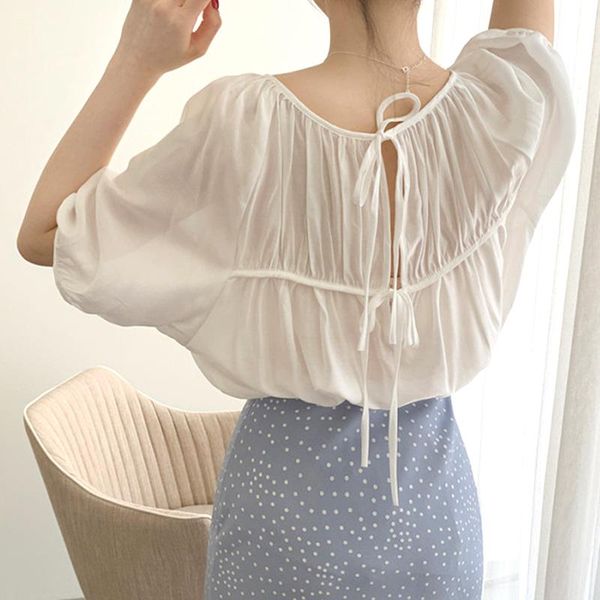 women's blouses & shirts korean chic loose o neck puff sleeve women blouse simple elegant office ladies pleated back lace-up soft blusa, White
women's blouses & shirts korean chic loose o neck puff sleeve women blouse simple elegant office ladies pleated back lace-up soft blusa, White