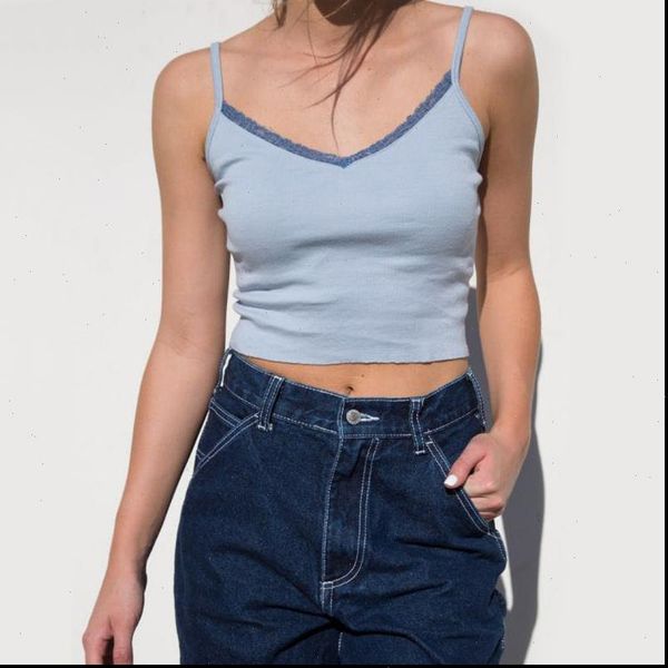 summer v neck womens tank with lace trim white crop