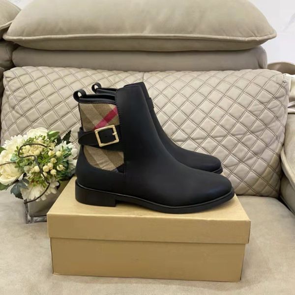 designer brand boots luxury women shoes house check and leather ankle boot flat heel almond shaped toes eu34-40 with box