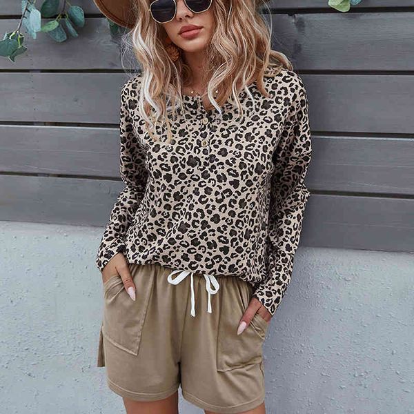 fashion home set summer leopard print stitching long sleeve women's casual two piece sets holiday style casual suit 210514, White