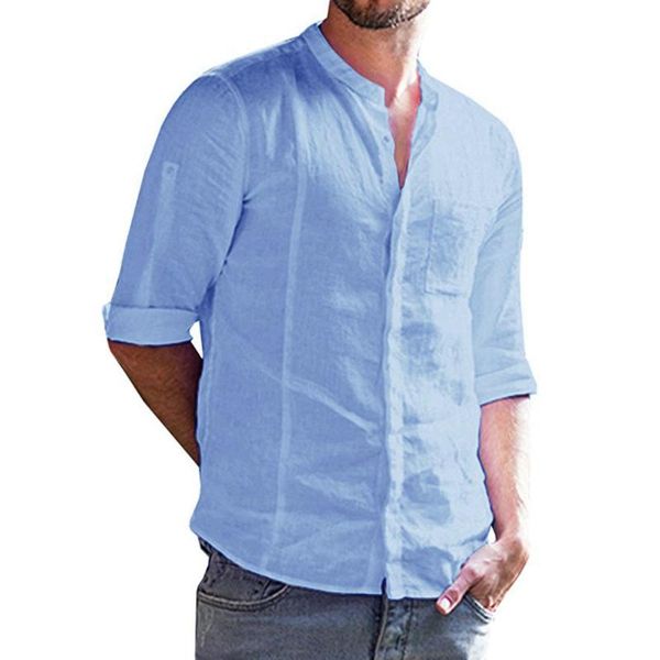 men's casual shirts linen cotton men roll-up long sleeve button solid banded collar fit shirt blue male camisas masculina, White;black
men's casual shirts linen cotton men roll-up long sleeve button solid banded collar fit shirt blue male camisas masculina, White;black
