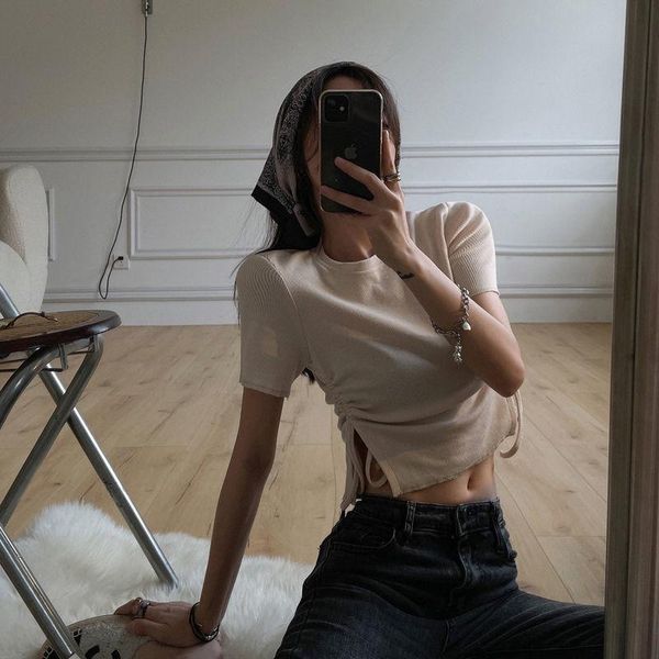 women's panties drawstring short sleeve t-shirt pure color simple temperament female design sense niche slit jacket, Black;pink
women's panties drawstring short sleeve t-shirt pure color simple temperament female design sense niche slit jacket, Black;pink