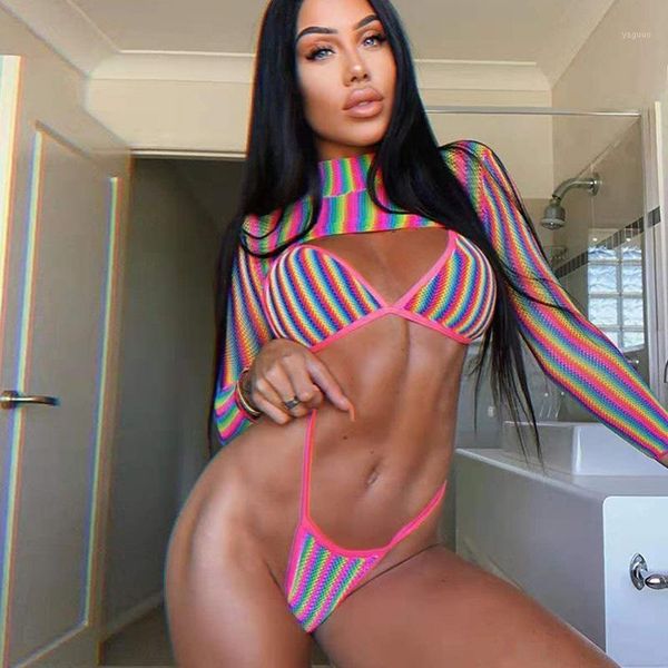 bikini 2021 women's swimsuit three-piece rainbow stripe gradient printing long sleeve sunscreen set swimwear, White;black
bikini 2021 women's swimsuit three-piece rainbow stripe gradient printing long sleeve sunscreen set swimwear, White;black