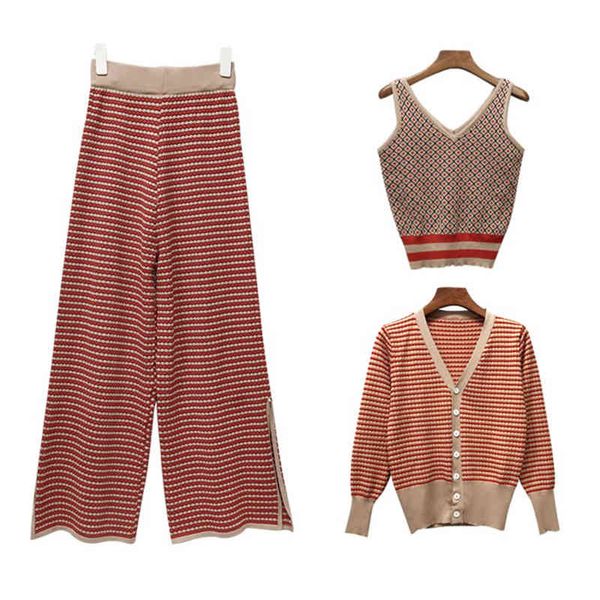 women knitted striped red long sleeve button cardigan strap v neck wide leg pants 3 three pieces set t0185 210514, White
women knitted striped red long sleeve button cardigan strap v neck wide leg pants 3 three pieces set t0185 210514, White