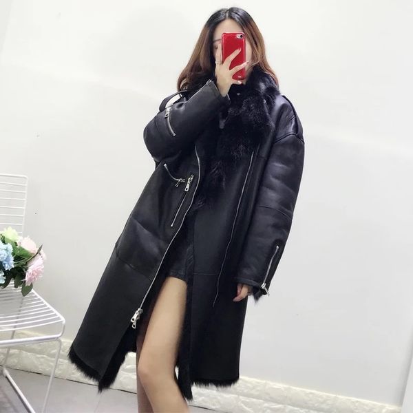 leather women coat natural double-faced sheepskin and woolen outwear long winter merino sheep warm thick real fur, Black
leather women coat natural double-faced sheepskin and woolen outwear long winter merino sheep warm thick real fur, Black