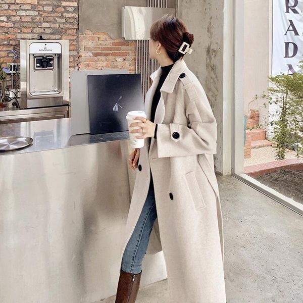 women's wool & blends winter mid-length woolen coat double breasted over knee loose casual cashmere windbreaker with belt, Black
women's wool & blends winter mid-length woolen coat double breasted over knee loose casual cashmere windbreaker with belt, Black