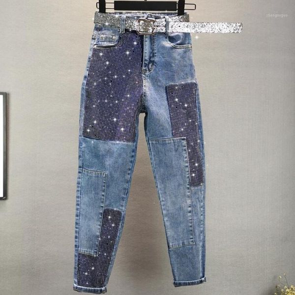 women's jeans personality women 2021 spring autumn fashion rhinestones hit color stitching feet harem pants, Blue
women's jeans personality women 2021 spring autumn fashion rhinestones hit color stitching feet harem pants, Blue