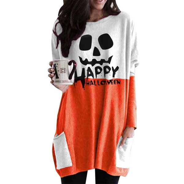 printed pumpkin straight dress round neck slot pocket halloween theme, Black;gray