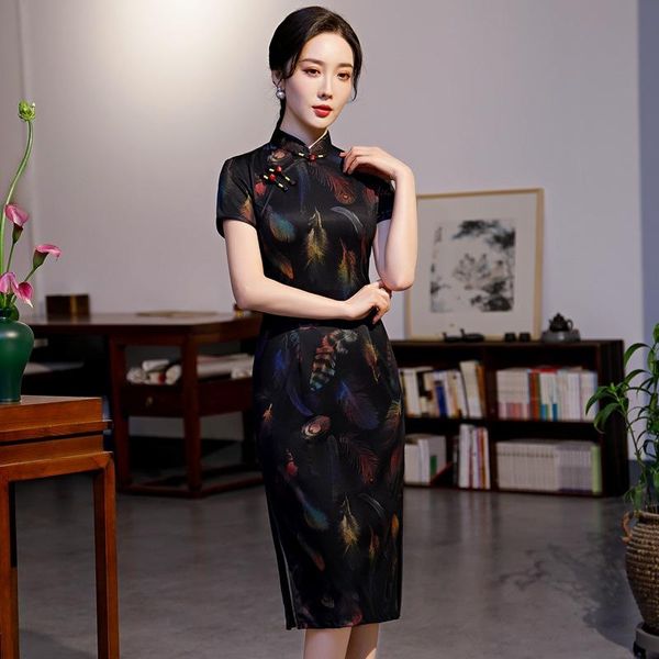 black short sleeve exquisite print qipao women vintage button trim classic chinese style dress elegant slim novelty cheongsam ethnic clothin, Red
black short sleeve exquisite print qipao women vintage button trim classic chinese style dress elegant slim novelty cheongsam ethnic clothin, Red