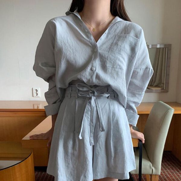 women's tracksuits simple lapel single-breasted loose long-sleeved shirt + high-waist lace-up wide-leg shorts two-piece female, Gray
women's tracksuits simple lapel single-breasted loose long-sleeved shirt + high-waist lace-up wide-leg shorts two-piece female, Gray