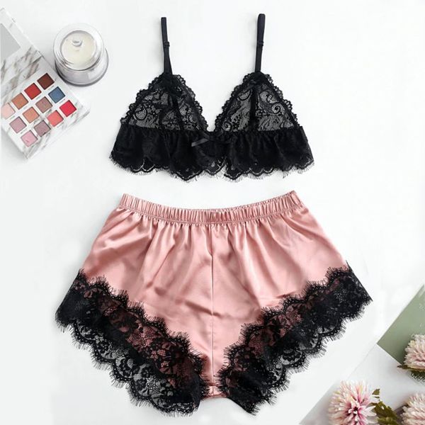 lace bra + satin shorts pajamas openwork transparent underwear set color block lace insert satin pajama shorts set - pink, Black;white
lace bra + satin shorts pajamas openwork transparent underwear set color block lace insert satin pajama shorts set - pink, Black;white