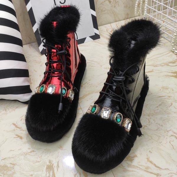 boots winter women's ankle lace up with fur round toe rhinestones snow warm shoes p16, Black
boots winter women's ankle lace up with fur round toe rhinestones snow warm shoes p16, Black