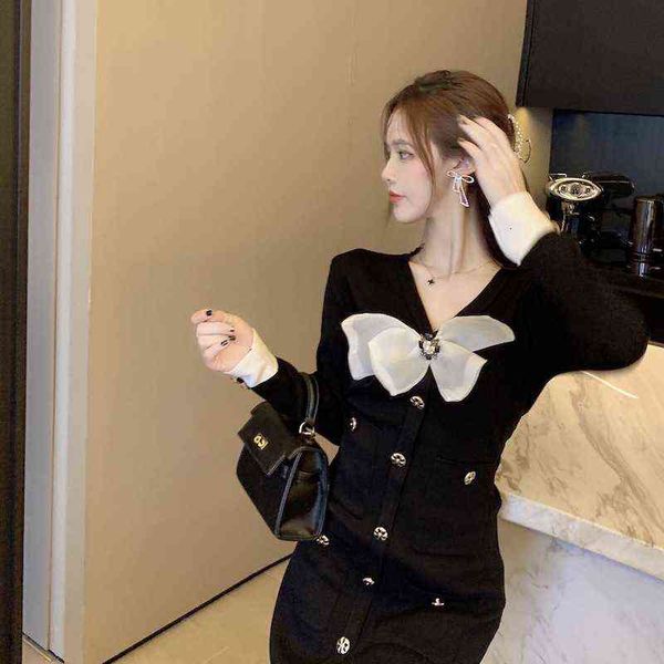 casual dresses style with coat backing fashion women's 2022 autumn v-neck bow single breasted medium length, Black;gray