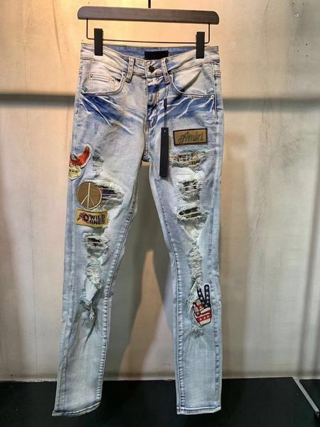 2021 new men's jeans badge patch slim fit trend small feet hole beggar old slim designer brand jeans, Blue
2021 new men's jeans badge patch slim fit trend small feet hole beggar old slim designer brand jeans, Blue