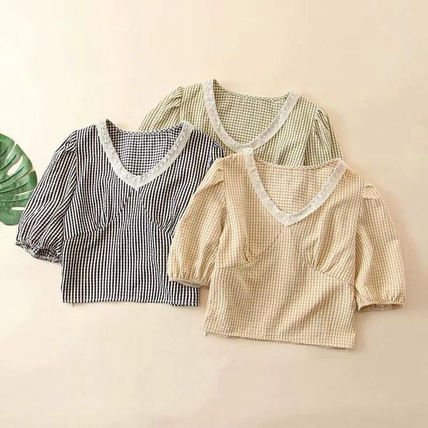 women's blouses & shirts summer casual women plaid cotton short female 2021 vintage sleeve o-neck lace collar elastic blusas mujer, White
women's blouses & shirts summer casual women plaid cotton short female 2021 vintage sleeve o-neck lace collar elastic blusas mujer, White