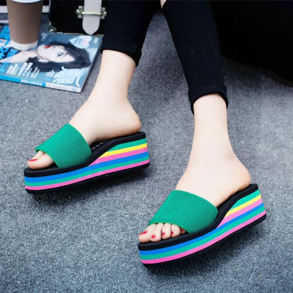 wedge slippers female summer color rainbow stripes wear non-slip thick bottom women, Black
wedge slippers female summer color rainbow stripes wear non-slip thick bottom women, Black