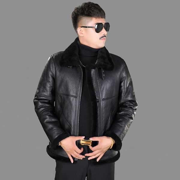 men's leather & faux original ecological high-grade sheepskin fur one winter lapel wool integrated fashion short coat, Black
men's leather & faux original ecological high-grade sheepskin fur one winter lapel wool integrated fashion short coat, Black