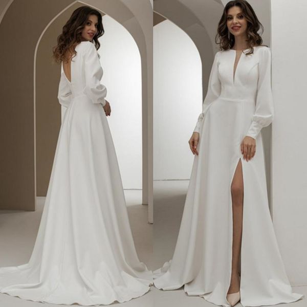 backless a line white wedding dresses boho beach bridal gowns long sleeve floor length side split satin vestidos de novia sheer v-neck robe
backless a line white wedding dresses boho beach bridal gowns long sleeve floor length side split satin vestidos de novia sheer v-neck robe