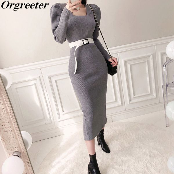 romantic french square collar long sleeve knitted dress women fall winter puff slim bodycon split mid sweater 210525, Black;gray
romantic french square collar long sleeve knitted dress women fall winter puff slim bodycon split mid sweater 210525, Black;gray
