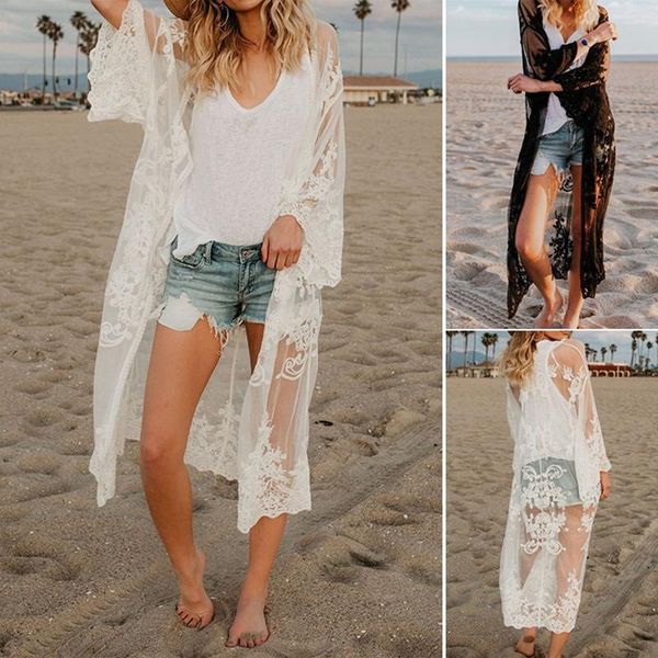 women's sunscreen shirt beach vacation long loose bikini gauze lace swimwear, White;black
women's sunscreen shirt beach vacation long loose bikini gauze lace swimwear, White;black