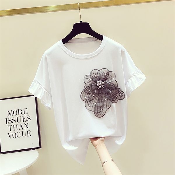 women's t-shirt appliques lace flower beading ruffles sleeve cotton t shirt woman patchwork korean baggy loose summer clothes, White
women's t-shirt appliques lace flower beading ruffles sleeve cotton t shirt woman patchwork korean baggy loose summer clothes, White