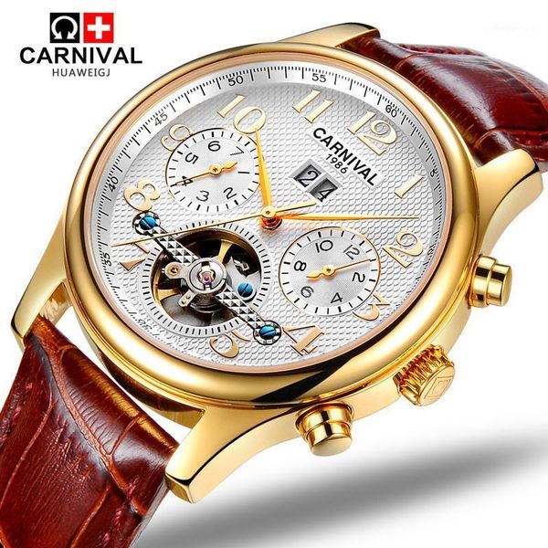 carnival mens tourbillon waterproof watch gold automatic mechanical sapphire glass date leather sport watches relogio masculine wristwatches, Slivery;brown
carnival mens tourbillon waterproof watch gold automatic mechanical sapphire glass date leather sport watches relogio masculine wristwatches, Slivery;brown