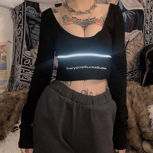 women's t-shirt 2021 spring summer low-neck full tight-fitting letters printed reflective strip trendy personality cool girl, White
women's t-shirt 2021 spring summer low-neck full tight-fitting letters printed reflective strip trendy personality cool girl, White