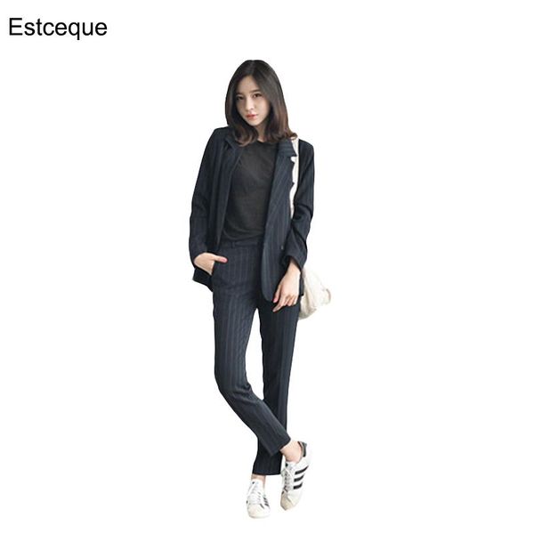 korean pant suits interview office ladies long-sleeved striped women slim casual two-piece suit women's two piece pants, White 
korean pant suits interview office ladies long-sleeved striped women slim casual two-piece suit women's two piece pants, White