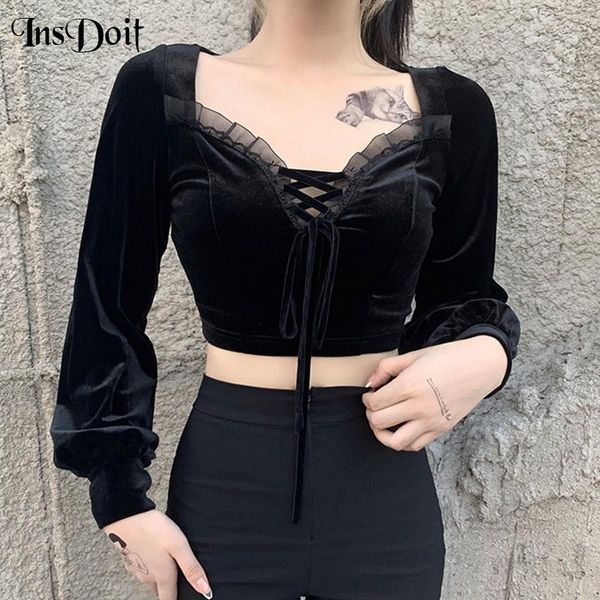women's t-shirt insdoit vintage lace black goth bandage puff sleeve velvet t shirt harajuku aesthetic women hollow out cropped, White
women's t-shirt insdoit vintage lace black goth bandage puff sleeve velvet t shirt harajuku aesthetic women hollow out cropped, White